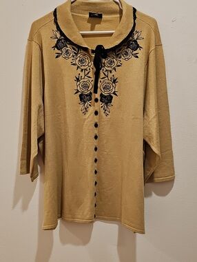 Retro Chic Mustard Yellow Cardigan with Black Floral Embroidery
